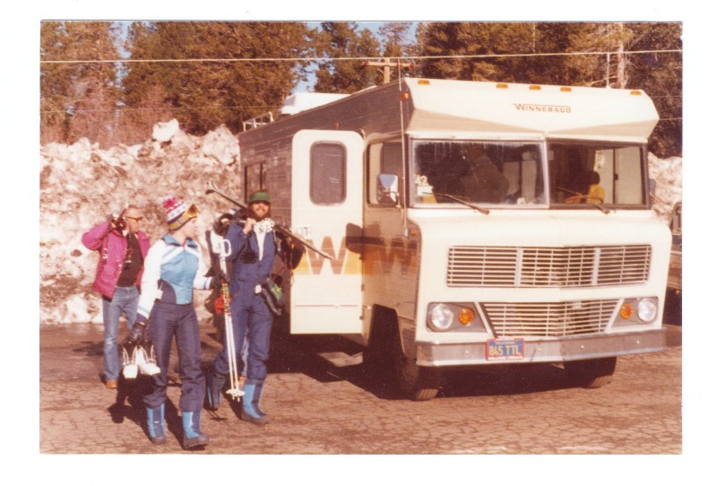 Untitled-2_2.jpg - Barbs and I with matching moon boots on an early ski trip to somewhere around Lake Tahoe (I think) in my Dad's (co- owned by Uncle Carl Ewert) motor home.  That's Dad in the background helping carry our gear.